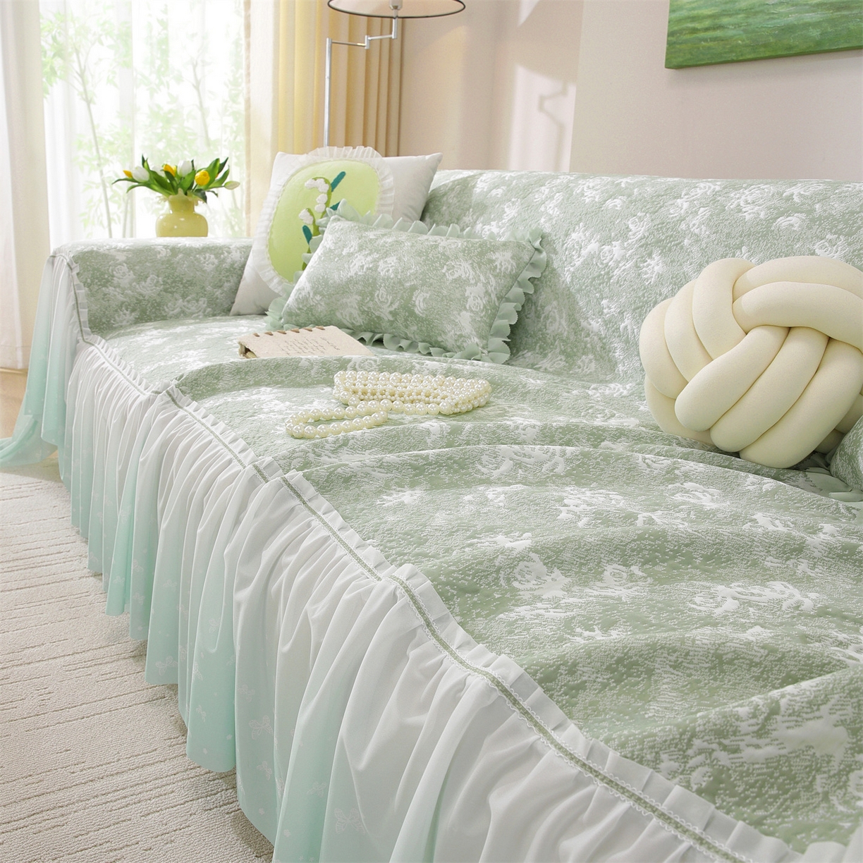 91家纺网 家纺一手货源 找家纺 共鸣沙发垫 2026新款凉感沙发巾-玫瑰 玫瑰绿色