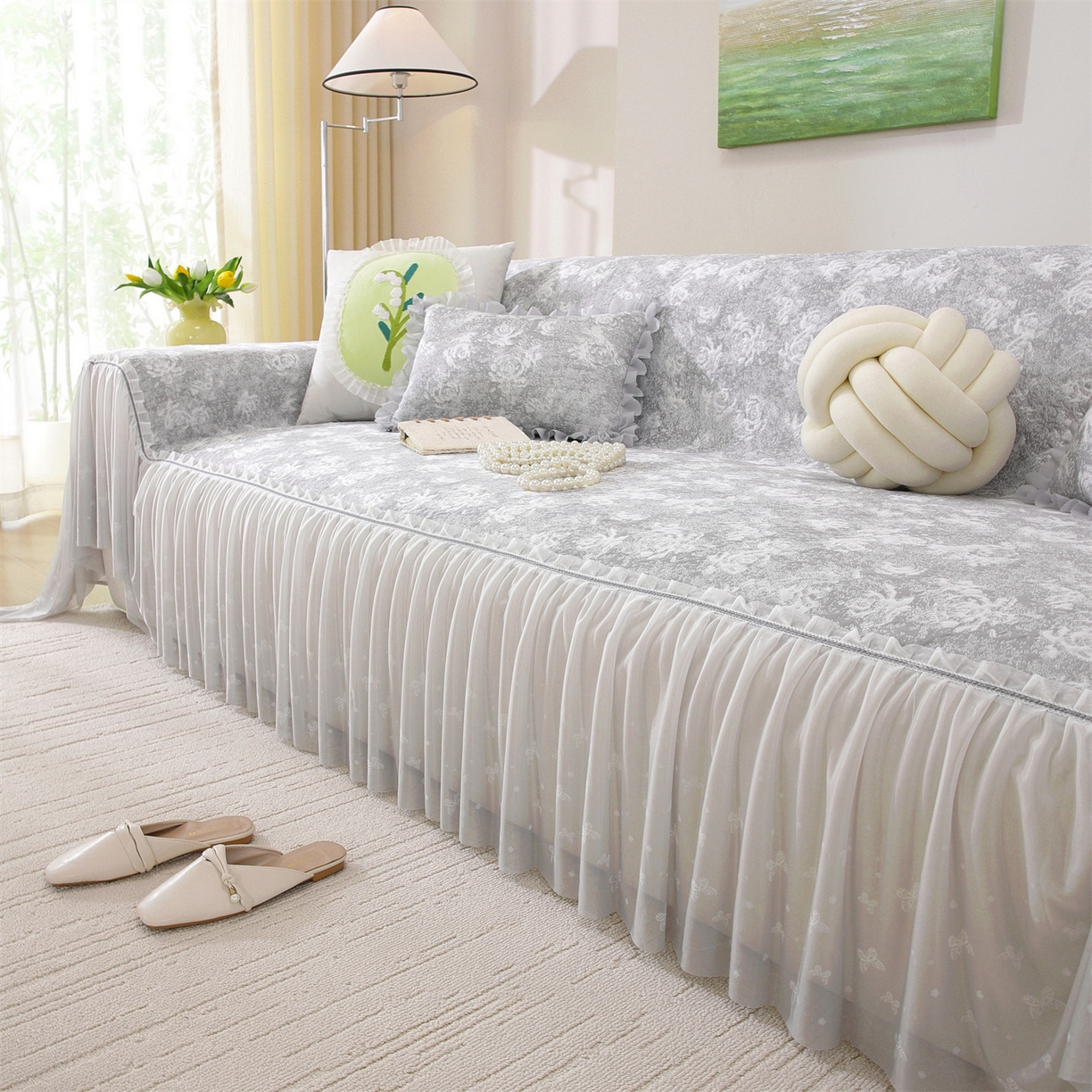 91家纺网 家纺一手货源 找家纺 共鸣沙发垫 2026新款凉感沙发巾-玫瑰 玫瑰灰色