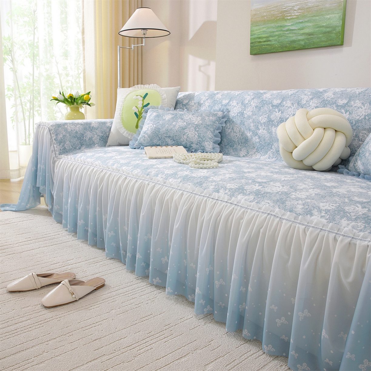 91家纺网 家纺一手货源 找家纺 共鸣沙发垫 2026新款凉感沙发巾-玫瑰 玫瑰蓝色