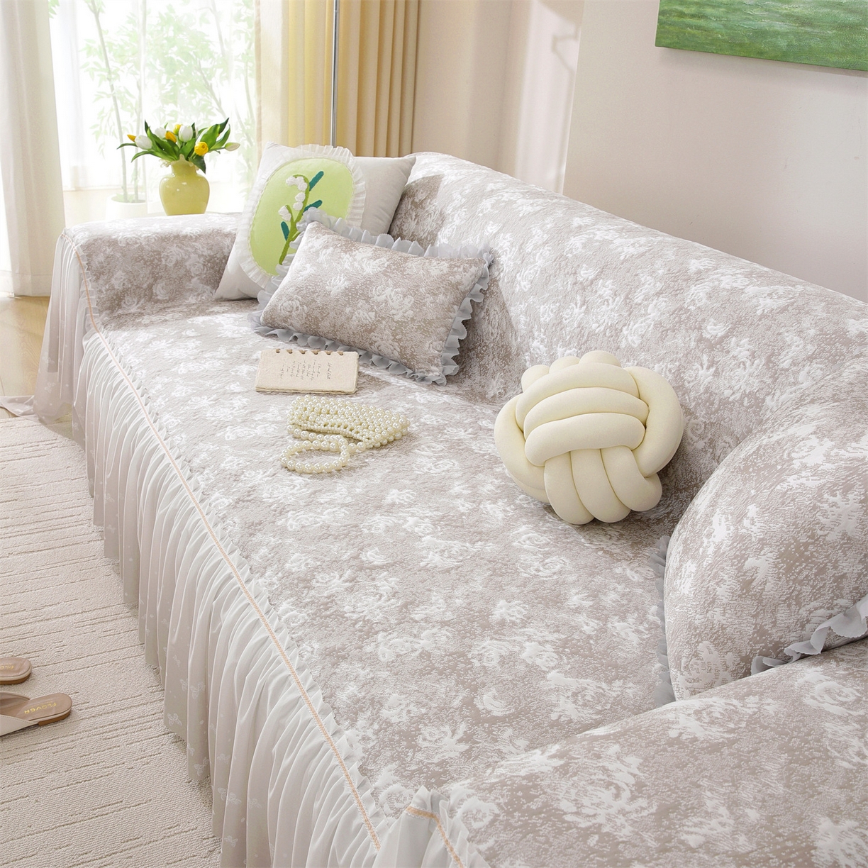 91家纺网 家纺一手货源 找家纺 共鸣沙发垫 2026新款凉感沙发巾-玫瑰 玫瑰咖色