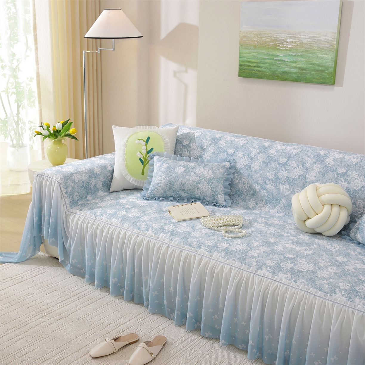 91家纺网 家纺一手货源 找家纺 共鸣沙发垫 2026新款凉感沙发巾-玫瑰 玫瑰蓝色