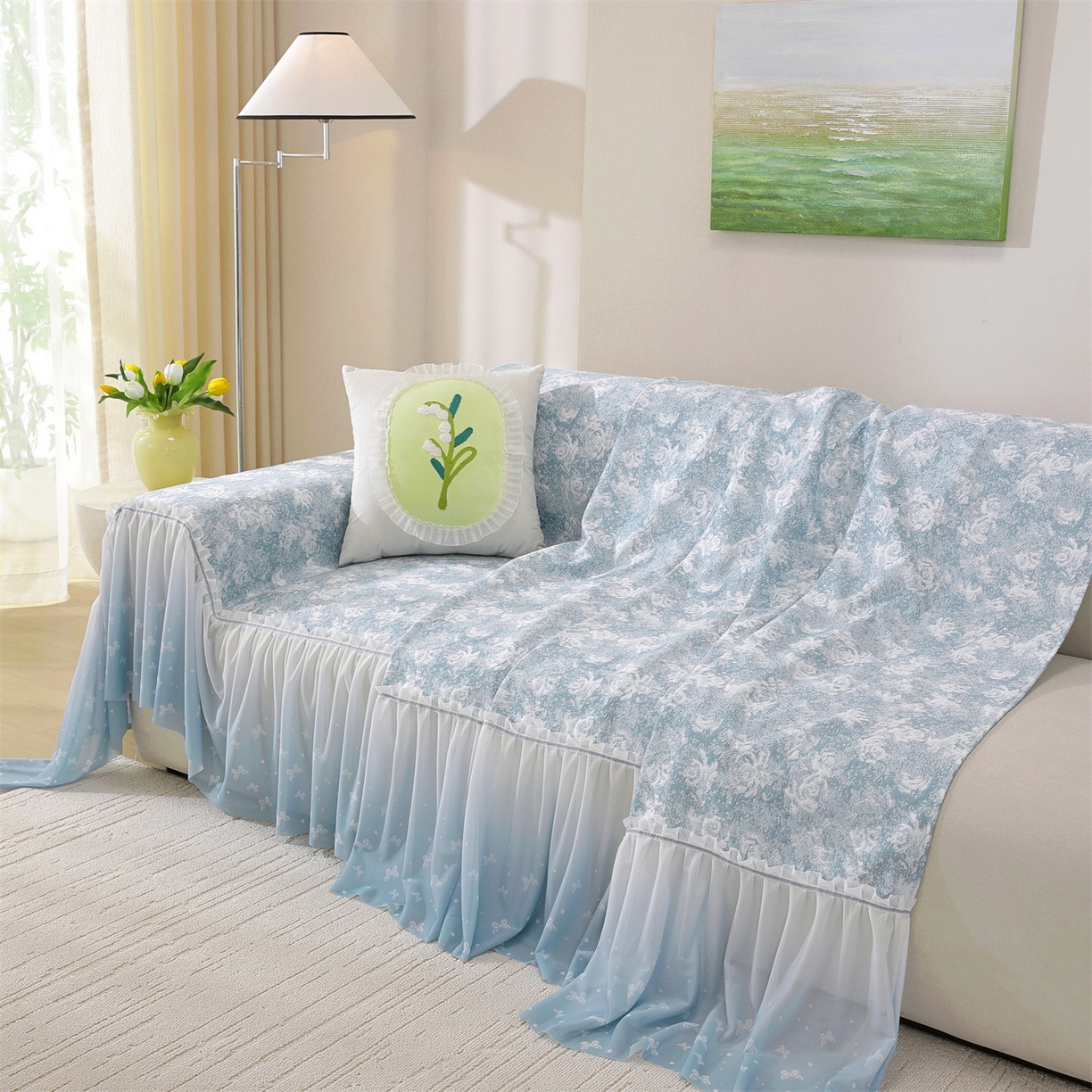 91家纺网 家纺一手货源 找家纺 共鸣沙发垫 2026新款凉感沙发巾-玫瑰 玫瑰蓝色