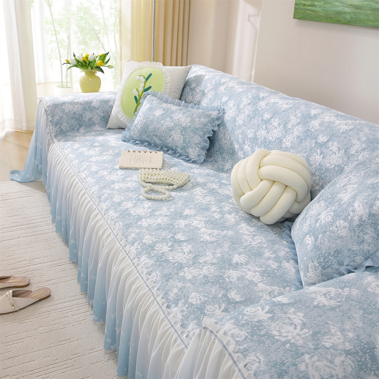 91家纺网 家纺一手货源 找家纺 共鸣沙发垫 2026新款凉感沙发巾-玫瑰 玫瑰蓝色