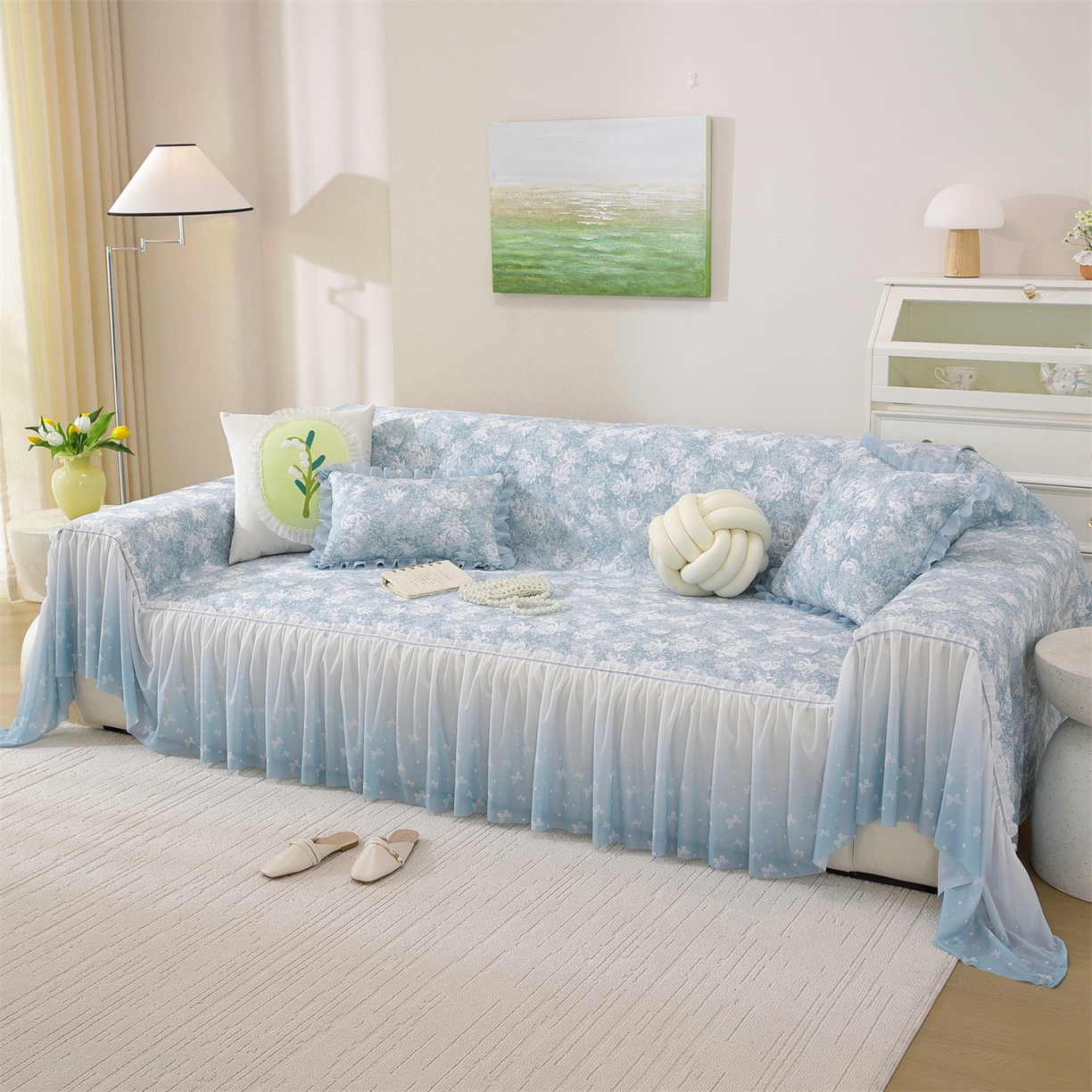 91家纺网 家纺一手货源 找家纺 共鸣沙发垫 2026新款凉感沙发巾-玫瑰 玫瑰蓝色