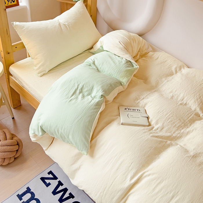 91家纺网 家纺一手货源 找家纺 欧妮家纺 2025新款纯色双拼水洗棉四件套学生宿舍上下铺床单被套三件套床上用品-【含买家秀】 双拼系列-奶黄绿