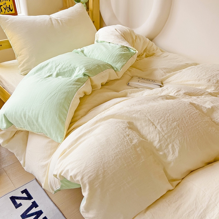 91家纺网 家纺一手货源 找家纺 欧妮家纺 2025新款纯色双拼水洗棉四件套学生宿舍上下铺床单被套三件套床上用品-【含买家秀】 双拼系列-奶黄绿