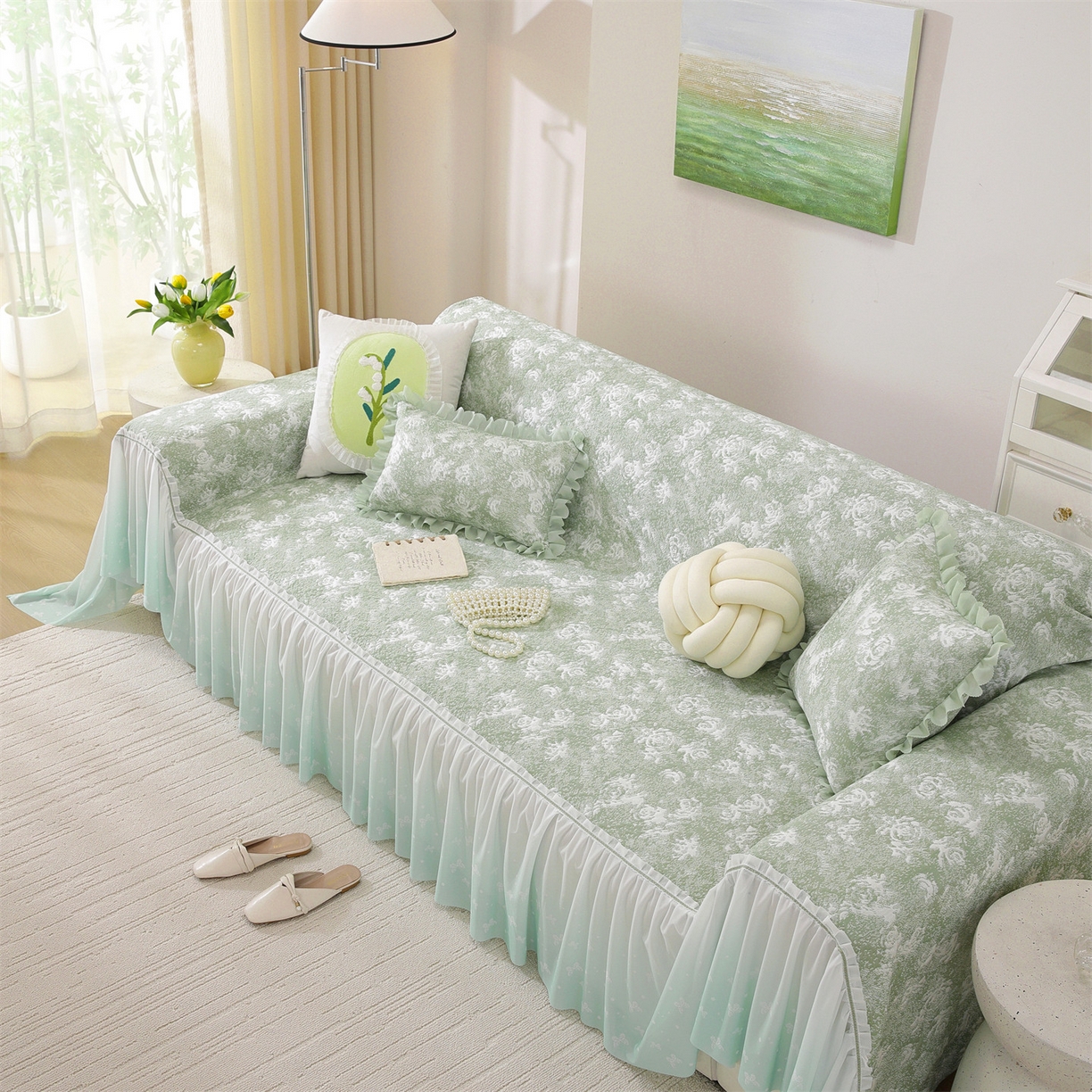 91家纺网 家纺一手货源 找家纺 共鸣沙发垫 2026新款凉感沙发巾-玫瑰 玫瑰绿色