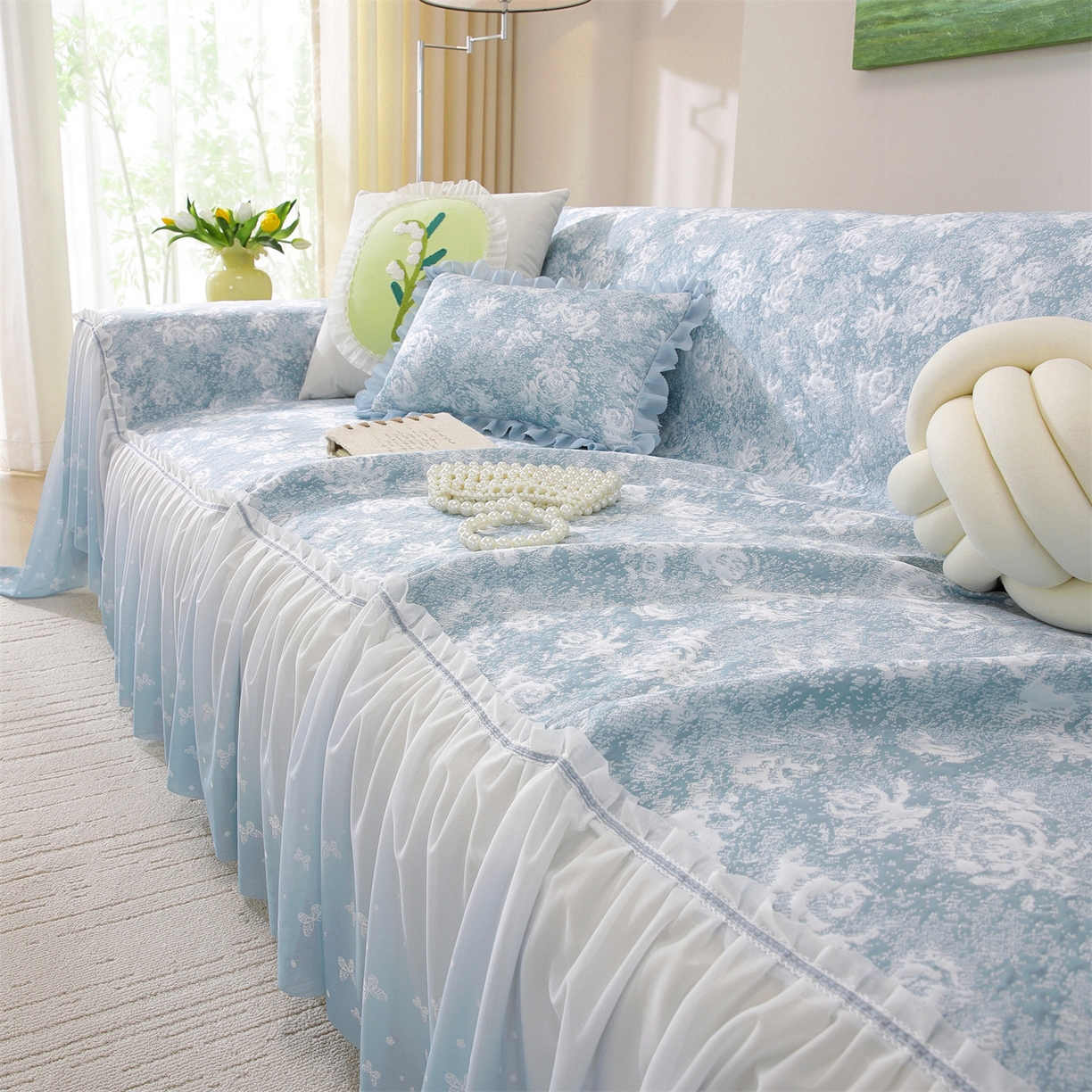 91家纺网 家纺一手货源 找家纺 共鸣沙发垫 2026新款凉感沙发巾-玫瑰 玫瑰蓝色