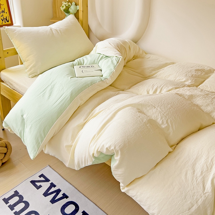 91家纺网 家纺一手货源 找家纺 欧妮家纺 2025新款纯色双拼水洗棉四件套学生宿舍上下铺床单被套三件套床上用品-【含买家秀】 双拼系列-奶黄绿