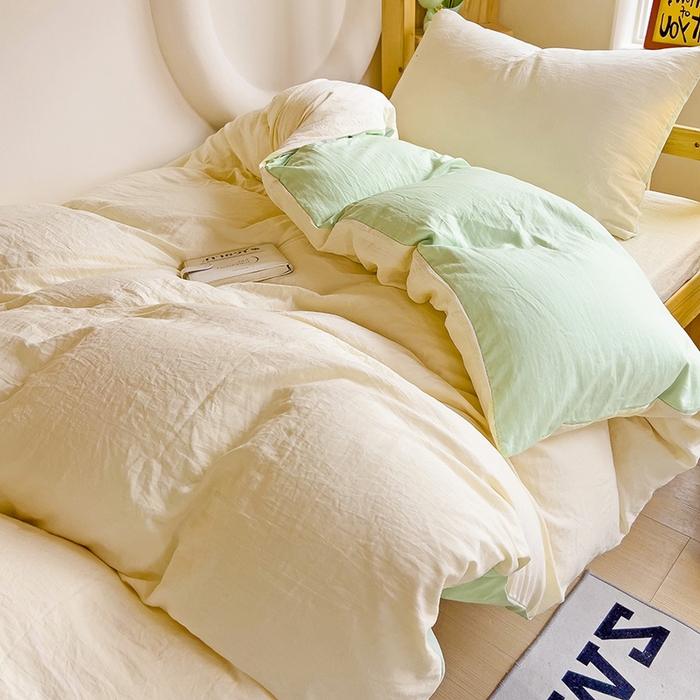 91家纺网 家纺一手货源 找家纺 欧妮家纺 2025新款纯色双拼水洗棉四件套学生宿舍上下铺床单被套三件套床上用品-【含买家秀】 双拼系列-奶黄绿