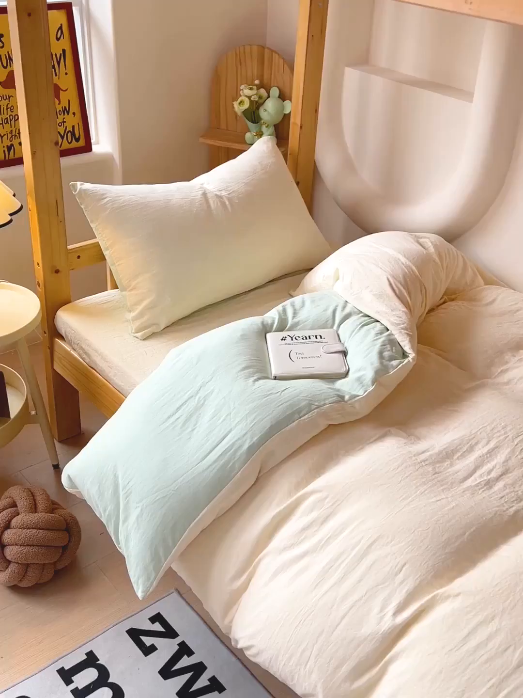 91家纺网 家纺一手货源 找家纺 欧妮家纺 2025新款纯色双拼水洗棉四件套学生宿舍上下铺床单被套三件套床上用品-【含买家秀】 双拼系列-奶黄绿