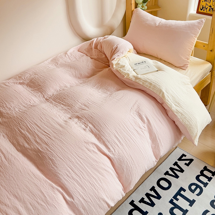 91家纺网 家纺一手货源 找家纺 欧妮家纺 2025新款纯色双拼水洗棉四件套学生宿舍上下铺床单被套三件套床上用品-【含买家秀】 双拼系列-浅粉黄