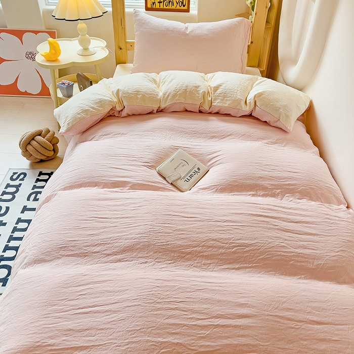 91家纺网 家纺一手货源 找家纺 欧妮家纺 2025新款纯色双拼水洗棉四件套学生宿舍上下铺床单被套三件套床上用品-【含买家秀】 双拼系列-浅粉黄