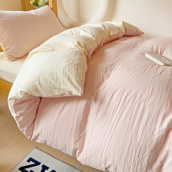 91家纺网 家纺一手货源 找家纺 欧妮家纺 2025新款纯色双拼水洗棉四件套学生宿舍上下铺床单被套三件套床上用品-【含买家秀】 双拼系列-浅粉黄