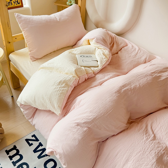 91家纺网 家纺一手货源 找家纺 欧妮家纺 2025新款纯色双拼水洗棉四件套学生宿舍上下铺床单被套三件套床上用品-【含买家秀】 双拼系列-浅粉黄