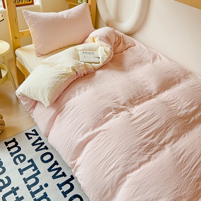 91家纺网 家纺一手货源 找家纺 欧妮家纺 2025新款纯色双拼水洗棉四件套学生宿舍上下铺床单被套三件套床上用品-【含买家秀】 双拼系列-浅粉黄