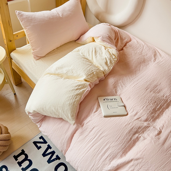 91家纺网 家纺一手货源 找家纺 欧妮家纺 2025新款纯色双拼水洗棉四件套学生宿舍上下铺床单被套三件套床上用品-【含买家秀】 双拼系列-浅粉黄