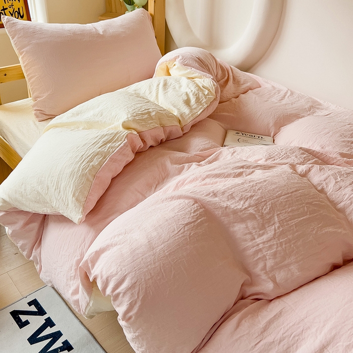 91家纺网 家纺一手货源 找家纺 欧妮家纺 2025新款纯色双拼水洗棉四件套学生宿舍上下铺床单被套三件套床上用品-【含买家秀】 双拼系列-浅粉黄