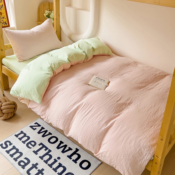 欧妮家纺 2025新款纯色双拼水洗棉四件套学生宿舍上下铺床单被套三件套床上用品-【含买家秀】 双拼系列-浅粉绿