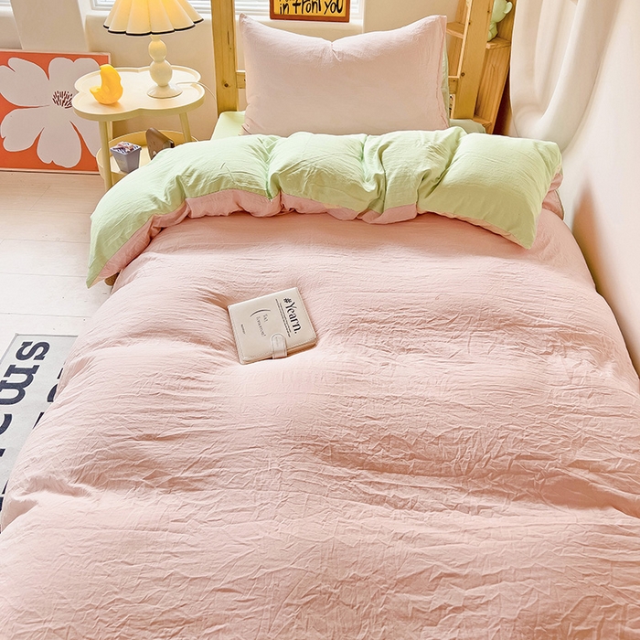 91家纺网 家纺一手货源 找家纺 欧妮家纺 2025新款纯色双拼水洗棉四件套学生宿舍上下铺床单被套三件套床上用品-【含买家秀】 双拼系列-浅粉绿