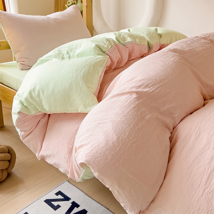 91家纺网 家纺一手货源 找家纺 欧妮家纺 2025新款纯色双拼水洗棉四件套学生宿舍上下铺床单被套三件套床上用品-【含买家秀】 双拼系列-浅粉绿