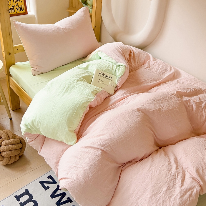 91家纺网 家纺一手货源 找家纺 欧妮家纺 2025新款纯色双拼水洗棉四件套学生宿舍上下铺床单被套三件套床上用品-【含买家秀】 双拼系列-浅粉绿