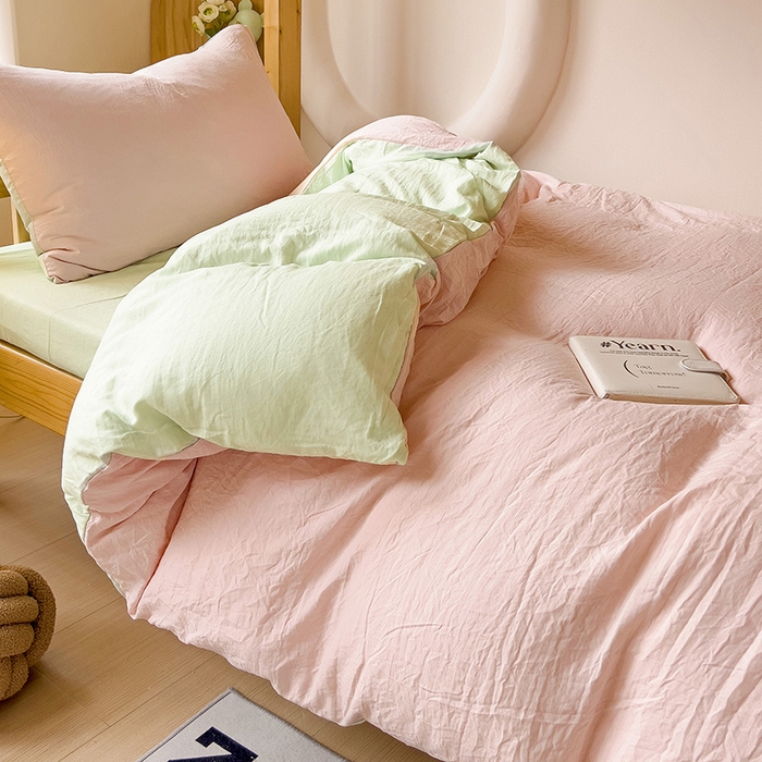 91家纺网 家纺一手货源 找家纺 欧妮家纺 2025新款纯色双拼水洗棉四件套学生宿舍上下铺床单被套三件套床上用品-【含买家秀】 双拼系列-浅粉绿