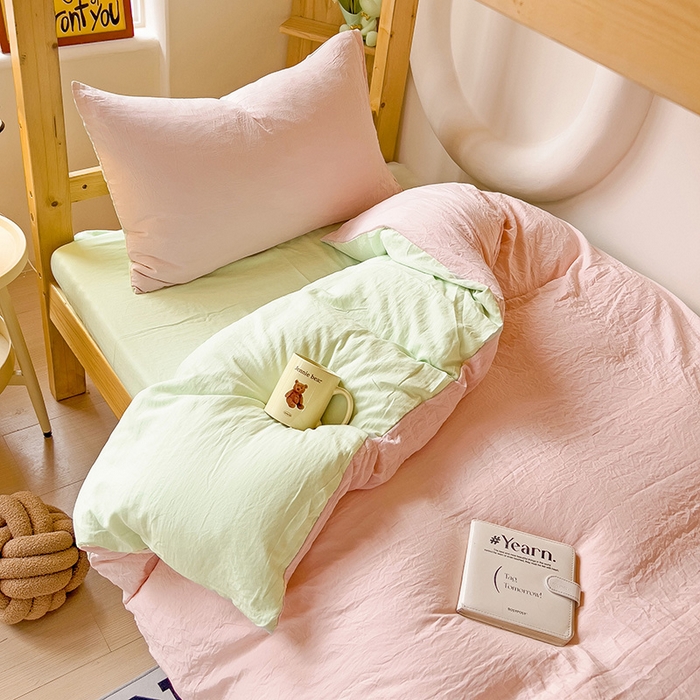91家纺网 家纺一手货源 找家纺 欧妮家纺 2025新款纯色双拼水洗棉四件套学生宿舍上下铺床单被套三件套床上用品-【含买家秀】 双拼系列-浅粉绿