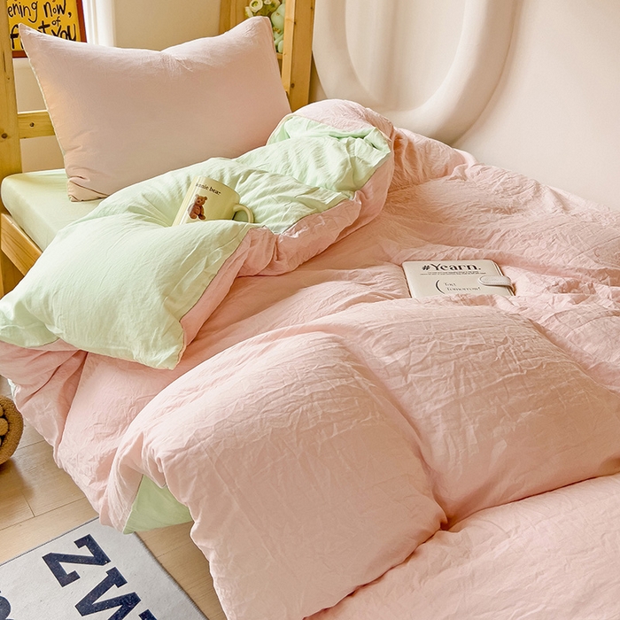 91家纺网 家纺一手货源 找家纺 欧妮家纺 2025新款纯色双拼水洗棉四件套学生宿舍上下铺床单被套三件套床上用品-【含买家秀】 双拼系列-浅粉绿
