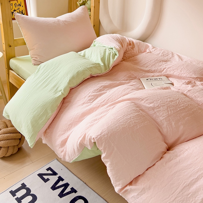 91家纺网 家纺一手货源 找家纺 欧妮家纺 2025新款纯色双拼水洗棉四件套学生宿舍上下铺床单被套三件套床上用品-【含买家秀】 双拼系列-浅粉绿