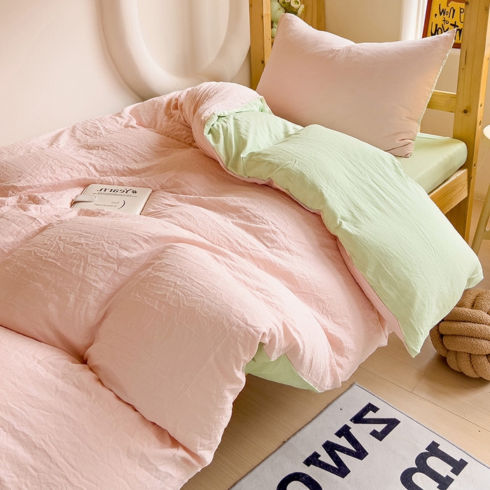 91家纺网 家纺一手货源 找家纺 欧妮家纺 2025新款纯色双拼水洗棉四件套学生宿舍上下铺床单被套三件套床上用品-【含买家秀】 双拼系列-浅粉绿