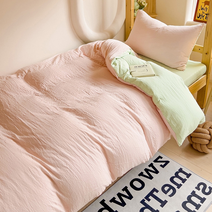 91家纺网 家纺一手货源 找家纺 欧妮家纺 2025新款纯色双拼水洗棉四件套学生宿舍上下铺床单被套三件套床上用品-【含买家秀】 双拼系列-浅粉绿