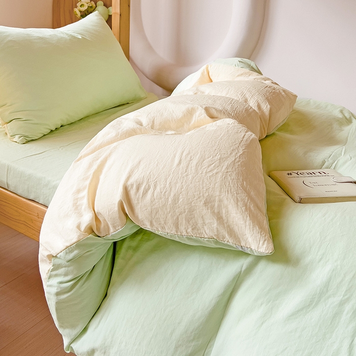 91家纺网 家纺一手货源 找家纺 欧妮家纺 2025新款纯色双拼水洗棉四件套学生宿舍上下铺床单被套三件套床上用品-【含买家秀】 双拼系列-浅绿黄