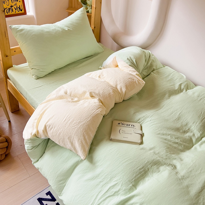 91家纺网 家纺一手货源 找家纺 欧妮家纺 2025新款纯色双拼水洗棉四件套学生宿舍上下铺床单被套三件套床上用品-【含买家秀】 双拼系列-浅绿黄