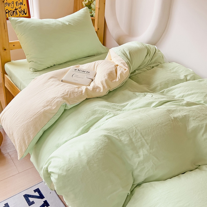 91家纺网 家纺一手货源 找家纺 欧妮家纺 2025新款纯色双拼水洗棉四件套学生宿舍上下铺床单被套三件套床上用品-【含买家秀】 双拼系列-浅绿黄