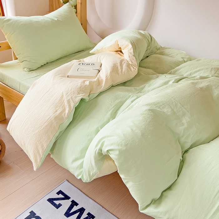 91家纺网 家纺一手货源 找家纺 欧妮家纺 2025新款纯色双拼水洗棉四件套学生宿舍上下铺床单被套三件套床上用品-【含买家秀】 双拼系列-浅绿黄