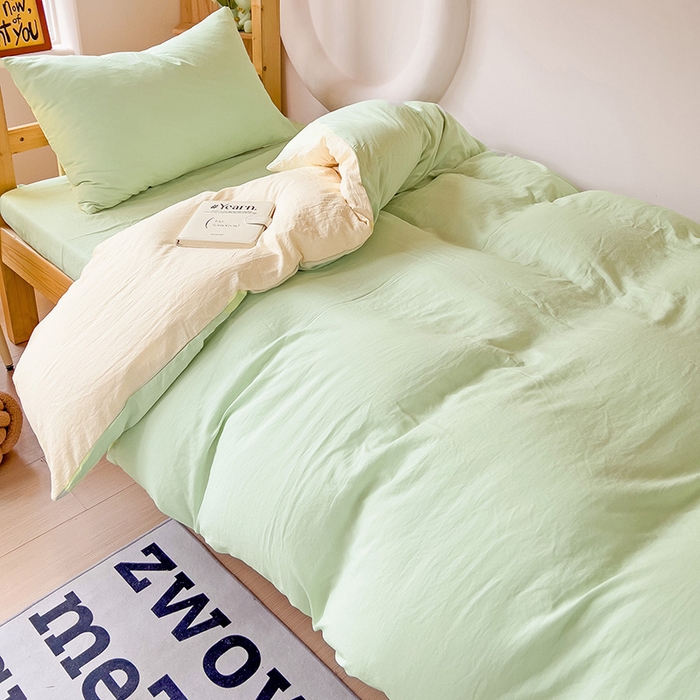 91家纺网 家纺一手货源 找家纺 欧妮家纺 2025新款纯色双拼水洗棉四件套学生宿舍上下铺床单被套三件套床上用品-【含买家秀】 双拼系列-浅绿黄