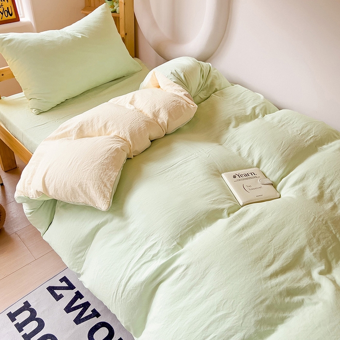 91家纺网 家纺一手货源 找家纺 欧妮家纺 2025新款纯色双拼水洗棉四件套学生宿舍上下铺床单被套三件套床上用品-【含买家秀】 双拼系列-浅绿黄