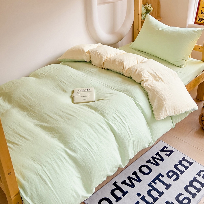 91家纺网 家纺一手货源 找家纺 欧妮家纺 2025新款纯色双拼水洗棉四件套学生宿舍上下铺床单被套三件套床上用品-【含买家秀】 双拼系列-浅绿黄