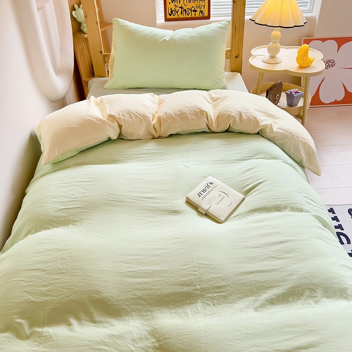 91家纺网 家纺一手货源 找家纺 欧妮家纺 2025新款纯色双拼水洗棉四件套学生宿舍上下铺床单被套三件套床上用品-【含买家秀】 双拼系列-浅绿黄