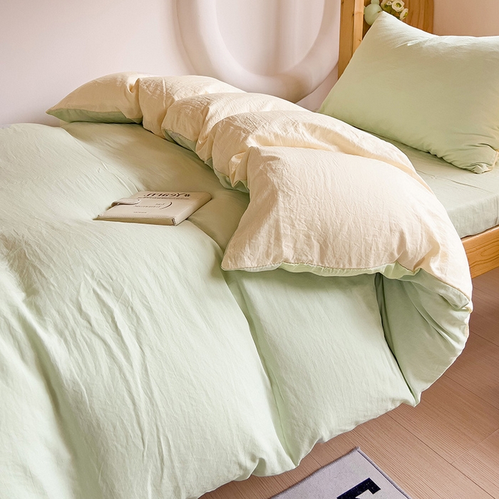 91家纺网 家纺一手货源 找家纺 欧妮家纺 2025新款纯色双拼水洗棉四件套学生宿舍上下铺床单被套三件套床上用品-【含买家秀】 双拼系列-浅绿黄