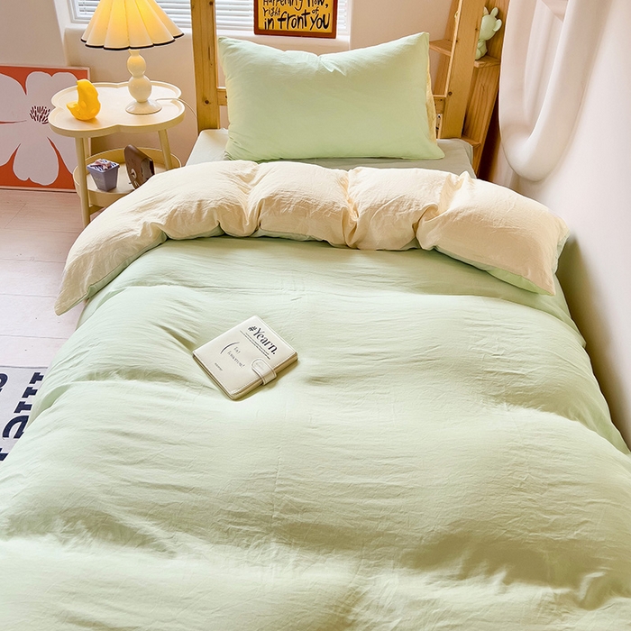 91家纺网 家纺一手货源 找家纺 欧妮家纺 2025新款纯色双拼水洗棉四件套学生宿舍上下铺床单被套三件套床上用品-【含买家秀】 双拼系列-浅绿黄