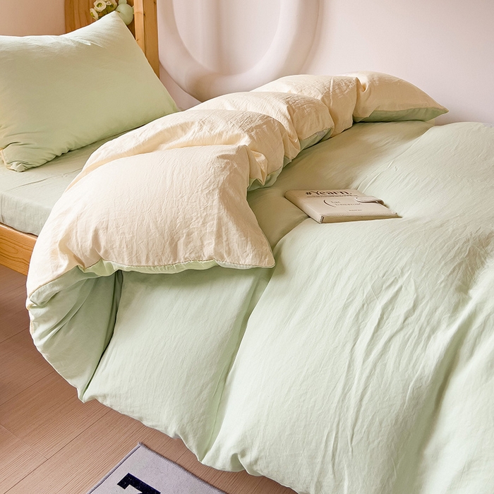 91家纺网 家纺一手货源 找家纺 欧妮家纺 2025新款纯色双拼水洗棉四件套学生宿舍上下铺床单被套三件套床上用品-【含买家秀】 双拼系列-浅绿黄