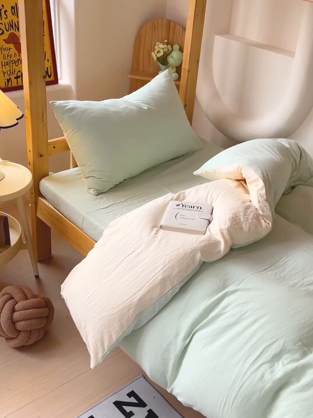 91家纺网 家纺一手货源 找家纺 欧妮家纺 2025新款纯色双拼水洗棉四件套学生宿舍上下铺床单被套三件套床上用品-【含买家秀】 双拼系列-浅绿黄