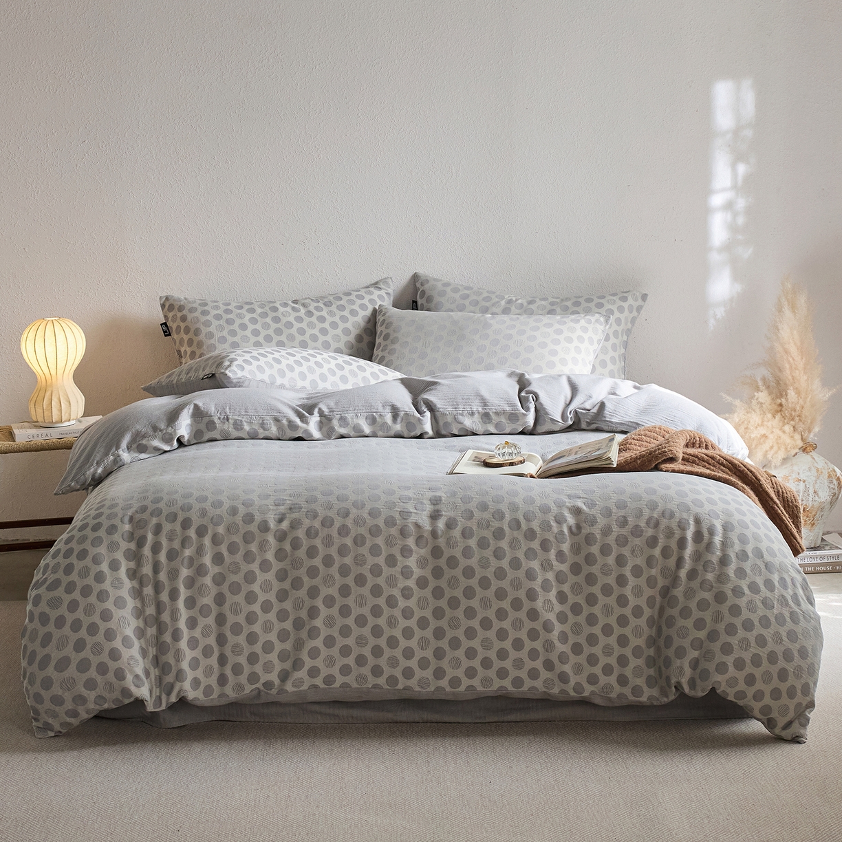 千朵森 2026新款全棉纯棉色织提花肌理四件套-素序 素序-雾灰波点