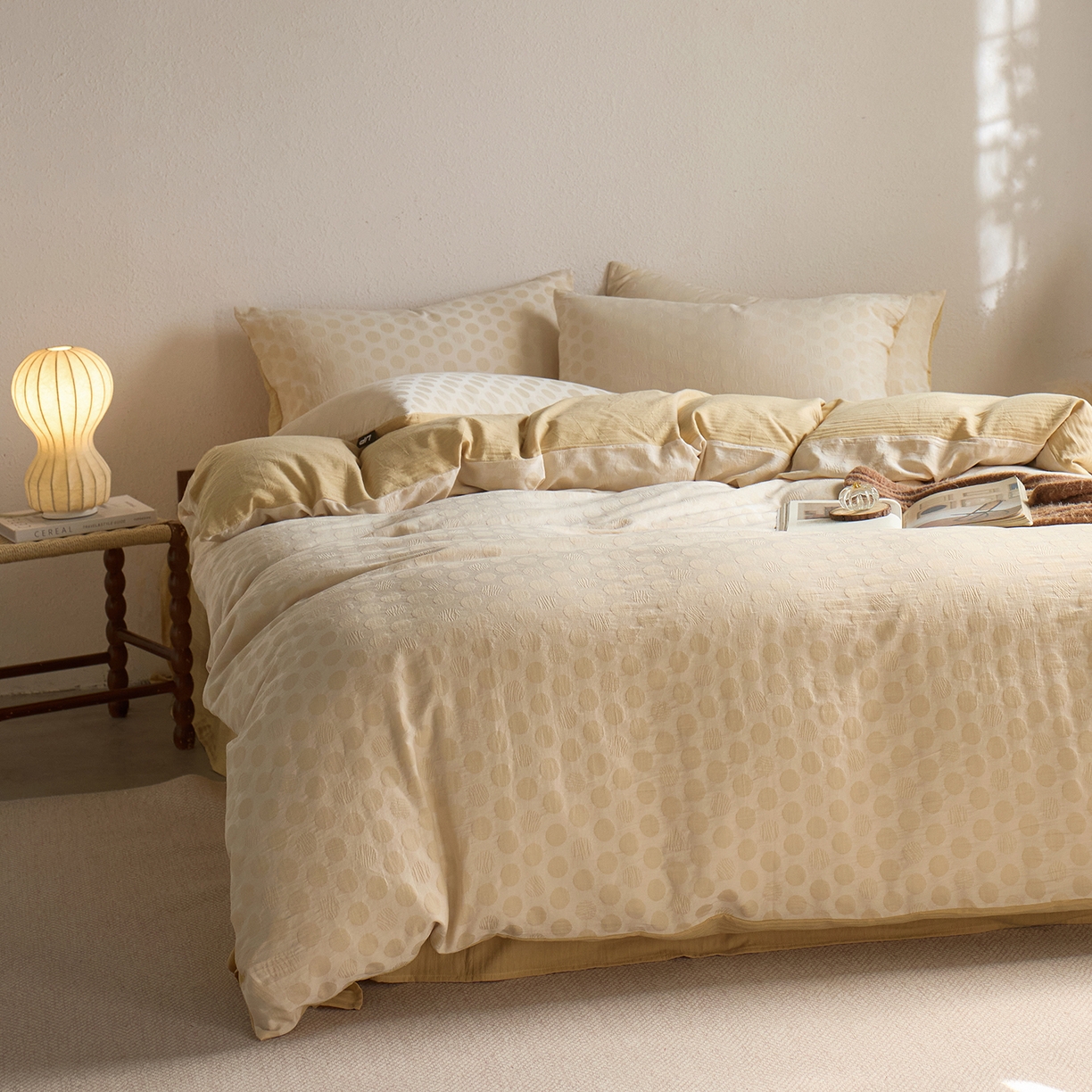 91家纺网 家纺一手货源 找家纺 千朵森 2026新款全棉纯棉色织提花肌理四件套-素序 素序-奶盐波点