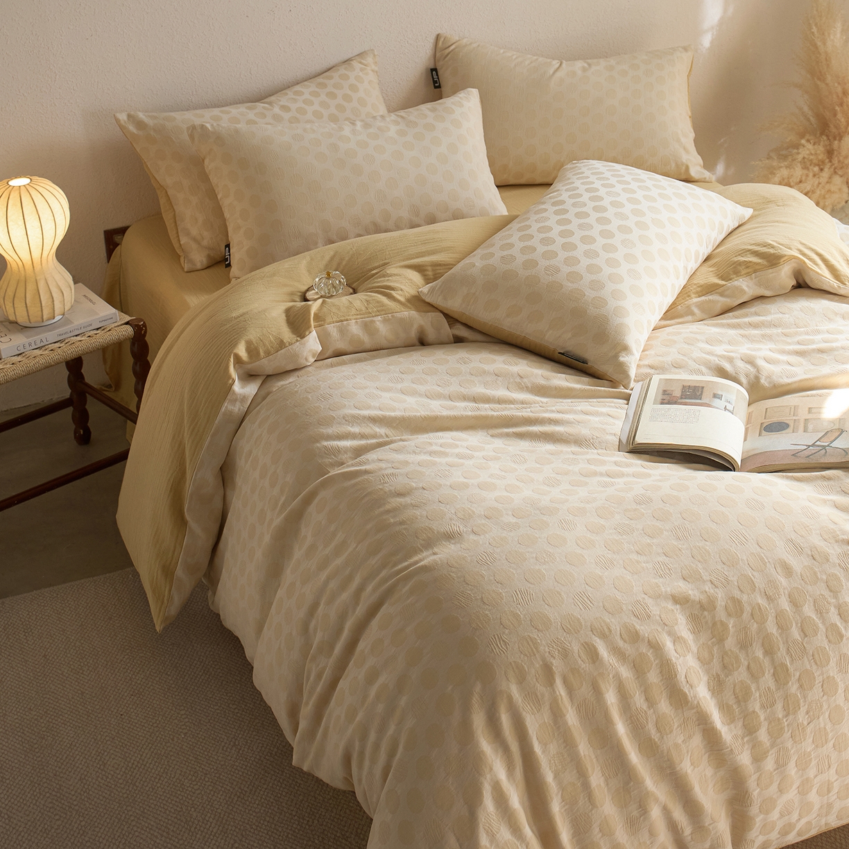 91家纺网 家纺一手货源 找家纺 千朵森 2026新款全棉纯棉色织提花肌理四件套-素序 素序-奶盐波点