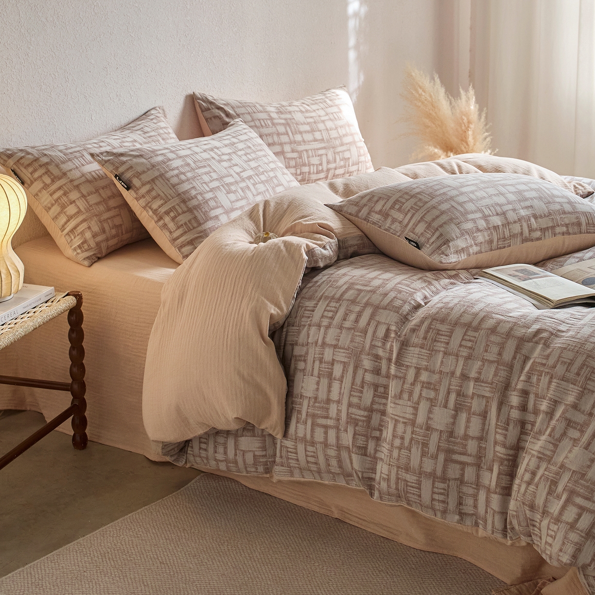 91家纺网 家纺一手货源 找家纺 千朵森 2026新款全棉纯棉色织提花肌理四件套-素序 素序-肌理浅棕