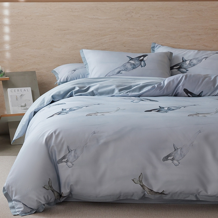 91家纺网 家纺一手货源 找家纺 千朵森 2026新款海洋风全棉纯棉50S数码印花拼角四件套 HY蓝鲸浅梦