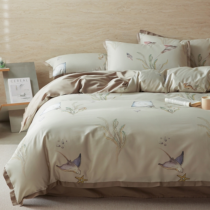 91家纺网 家纺一手货源 找家纺 千朵森 2026新款海洋风全棉纯棉50S数码印花拼角四件套 HY浅海秘屿